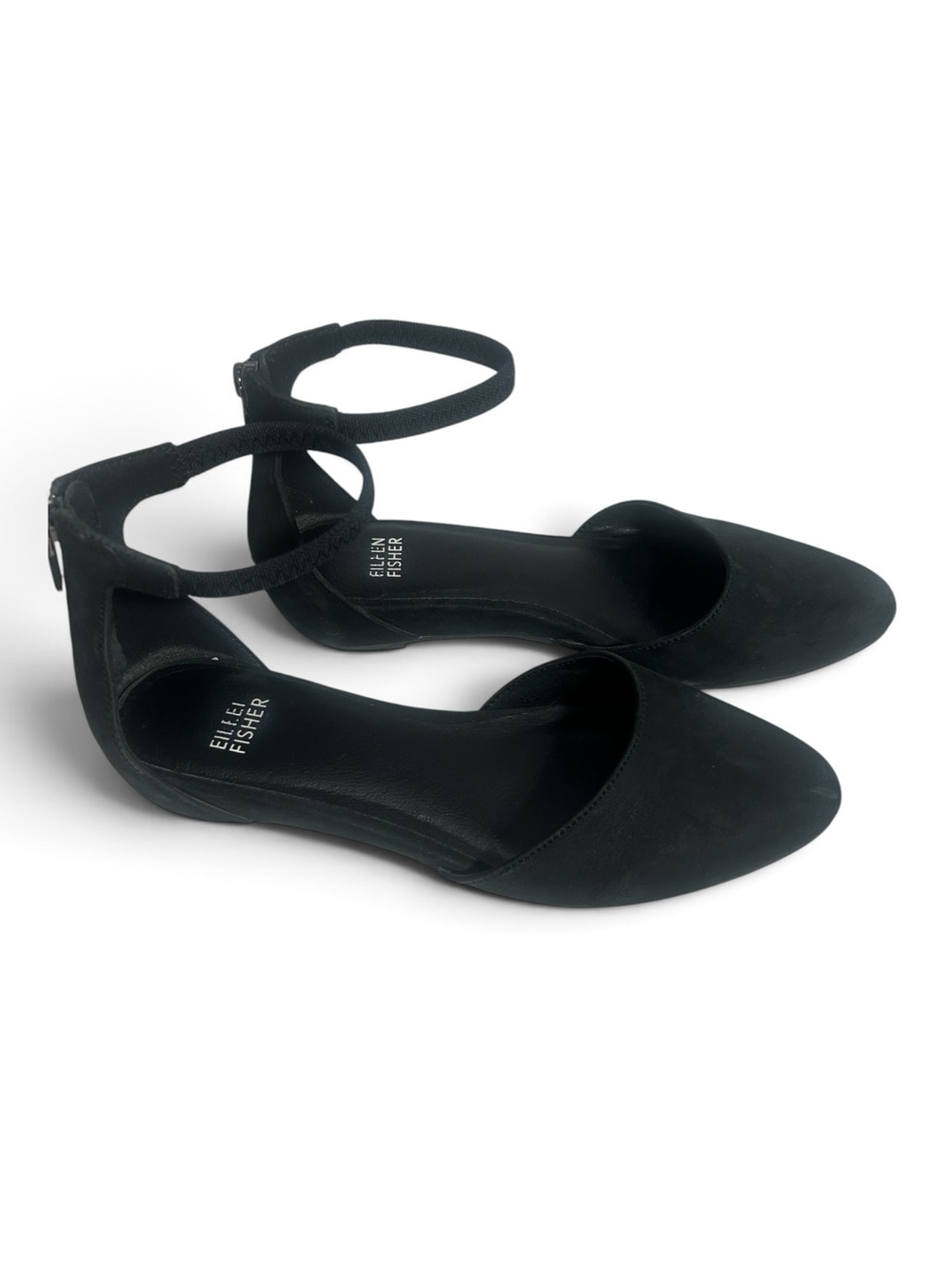 Eileen Fisher Hutton Suede Ankle-Strap Flats Black 7.5